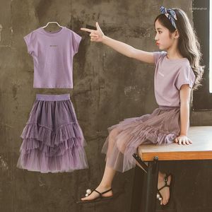 Clothing Sets Fashion Girls Short Sleeve Suits Purple Kids Summer Baby Girl Top Pleated Skirt 2pc Outfits
