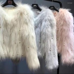 Women's Fur Luxury V-Neck Faox Mink Coat Women Raccoon Pearls Tassels Jacket Imitation Beaded Fluffy Cardigan Abrigos Tops