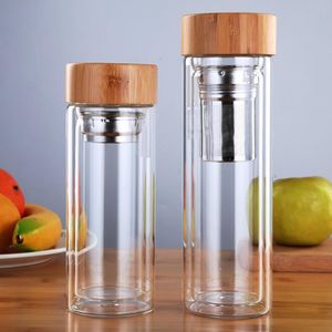 350/450ml Çift Duvar Cam Su Şişesi Çay Infuser Ofis Çay Kupası Paslanmaz Çelik Filtreler Bambu Kapak Seyahat İçecek Yazıları SN284