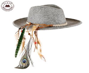Wholevintage Unisex Woll Jazzhüte Große Brim Filz Cowboy Panama Fedora Hut für Frauen Federstirnband Schwarzer grauer Fedoras Hu7308575