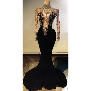 Casual Dresses High Quality Elegant Black Velvet Mermaid Shining Crystal Sexy Evening Long Prom Club Party Stage Costumes 221121