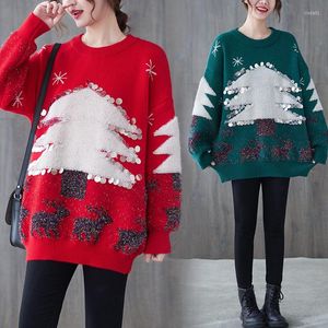 女性用セータークリスマスツリースパンコールセーターの女性は秋と冬のプルオーバールーズアウターウェアミッドレングスニット