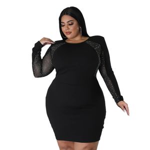 Frauen Plus Größe Mini Kleider Casual Langarm Strass Bodycon Party Club Kleid Sexy