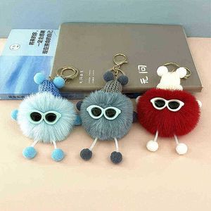 Keychains Wool Hat and Sunglasses Cute Fluffy Rabbit Fur Keychain Decoration Pom Car Keyring Colorful Women Bag Pendant Best Gifts T220909