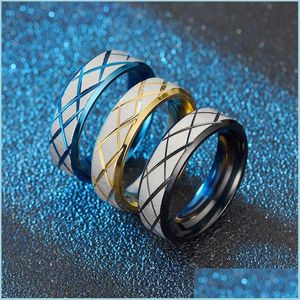 Bandringe FashionStainless Steel Cut Stripes Ring Blau Gold Frauen Männer Paar Ringe Band Modeschmuck Geschenk Drop Lieferung Dh4Vr