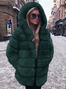 Women's Fur Coat Women Green S-4XL Hooded Coats 22 Winter Fashion Thick Warmth Black Pink Long Sleeve Faux Jackets Female