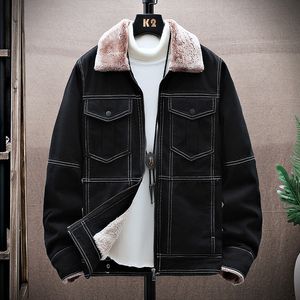 Erkek ceketler erkek jean ceket kürk yaka tek göğüslü düz renk uzun kollu kış kot palto kapu siyah cepler erkek kalınlaştırıcı denim ceket 221121