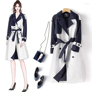 Trench da donna Cappotto lungo da donna coreano 2022 Autunno elegante giacca a vento con cintura chic giacca a contrasto pannello allentato soprabito marea