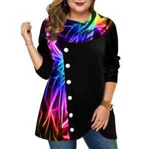 Damen-T-Shirt in Übergröße, Übergröße, bedruckt, Regenbogen-Tunika-Top für Damen, lässig, lockerer Pullover, Tunika, Streetwear, Mode, Schalkragen, Langarm, Schößchen-Top 221121