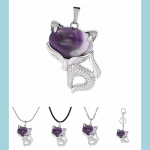 Anhänger Halsketten Natürliche Heilkraft Stein Amethyst Rosenquarz Wolf Kopf Form Edelstein Perlen für DIY Armband Halskette Drop Del Dh290