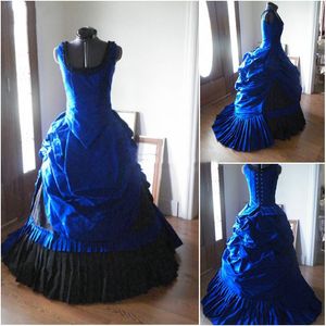 Victorian Bustle Prom Dresses Sweep Train Royal Blue and Black Gleats Ruched Long Cicil War Vintage Evening Party Gowns Square Neck Sleeveless Lace-Up