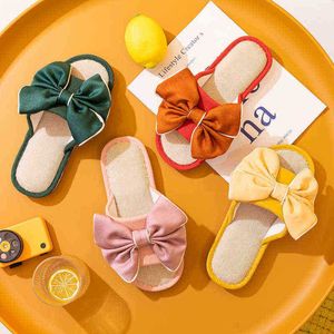 Novo grande arco de seda elegante casas de cânhamo chinelos de cânhamo quarto mudo sapatos de algodão Antislip Spring Summer Home Ladies Slides J220716