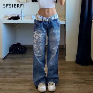 Womens Jeans SFSIERFI Streetwear Gothic Women Y2K Print Low Waist Trousers Casual Denim Pants Korean Summer Straight Baggy 221121