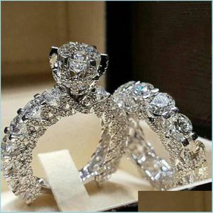 Cluster Rings Fl Crystal Ring Diamond Couple Rings Set Bride Wedding Jewelry Fashion Gift Drop Delivery Dhn9I