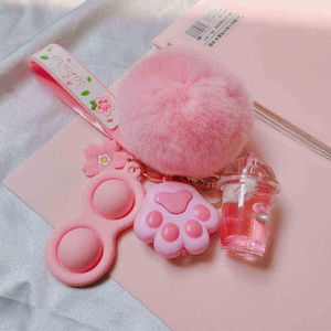 Брелки INS Hot Selling Liquid Keychain Luxury Boba Bunny Comfort Keychain Cat Claw Pom Ball Keyring Milk Tea Liquid Keychain T220909