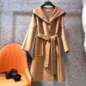 Fashion women's wool coat designer Blends splicing double-sided tweed Hooded Coats slim long coats with belt