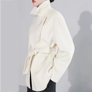 Women Blends Autumn Winter One Button Medium Length Double Sided 100 Woolen Coat Lace Up Office Suit Jacket White Black 221119