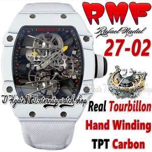 RMF YSF27-02 MENS Titta på riktiga Tourbillon Mechanical Hand Winding TPT Quartz Carbon Fiber Case Skeleton Dial White Nylon Strap Super Edition Sport Eternity Watches