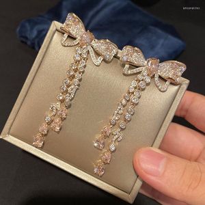 Dangle Earrings Pink Cubic Zircon Bowknot Big For Women Light Luxury Tassel Jewelry Temperament Korean Accessories Trend Crystal Gift