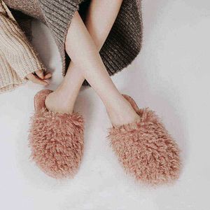Winter Chic Home Women Curly Fur Slippers Slip On Fuzzy Memory Foam Home Slides Indoor Warm Plush Bedroom Ladies Shoes J220716