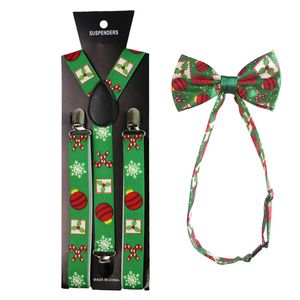 Mode unika båge banden julklapptrycks hängslen och bowtie set clip-on elastic y-form bak tröja förblir hängslen hängslen för kvinnor män