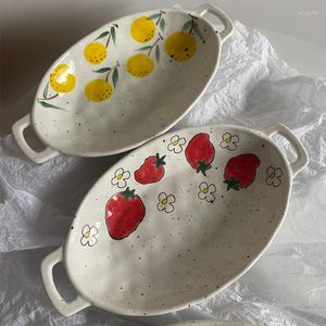 Teller Haushalt Keramik Doppel Griff Backblech Mikrowelle Käse Gebacken Reis Schüssel Hause Handbemalte Erdbeere Backformen