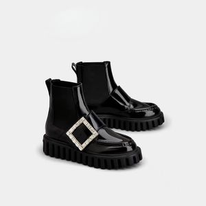 Short boots go-Thick diamond button patent leather loafers with fabric heels and tongue lightweight rubber sole 3.5cm