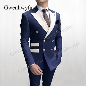 Mens Suits Blazers Gwenhwyfar Katı Donanma Partisi Smokin 2 Parçası Son Mix Renk Beyaz Yaka Altın Düğmeleri Moda Stili 221121