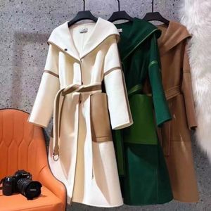 Fashion women's wool coat designer Outerwear Blends splicing double-sided tweed Hooded Coats winter warm and slim long coats with belt