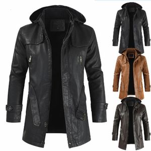 Men's Leather Faux Autumn and winter medium long hooded men motorcycle riding leather coat wide comfortable large size windbrea 221122