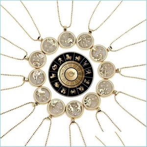 Collane con ciondolo Donna 12 Segno zodiacale Collana Moneta Catena d'oro Ariete Toro Scorpione Pendenti Fascino Stella Girocollo Collane astrologiche Dh86X