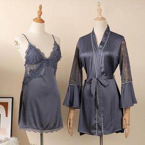 Sleepwear feminino 2022 Faux Silk 2pcs Robe Set Women Sexy Kimono Bathrobe vestido de cetim camisola com blocos de retalhos de retalhos de renda