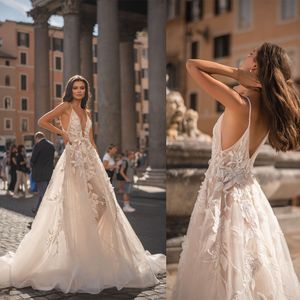 Elegant A Line Wedding Dresses Deep V Neck Appliques Backless Bridal Gowns Sweep Train Romantic Dress Lace Robe De Mariee