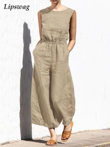 Women's Jumpsuits Rompers Casual O-Neck Cotton Linen Jumpsuit Overalls Summer Sexy Sleeveless Solid Romper Office Lady Wide Leg Loose Pant Playsuit 221122