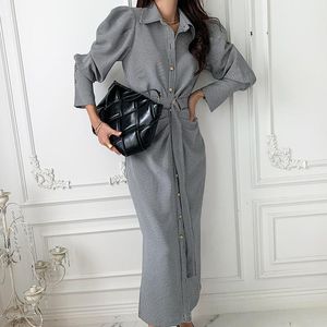 Sıradan Elbiseler Kore Mizaç Kazan Şık Tek Göğüslü Toka Tuck Kemeri Ekose Kabarcık Kılıf Elbise Gevşek Moda Zarif Kadın Giyim 221121