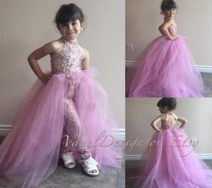 2019 Lovely Flower Girl -jurken Jumpsuits Halter Neck Crystal Lades Baby Girl Birthday Party Christmas Pageant Dress Custom9188588