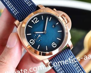 Superkvalitetsm￤n Titta p￥ Rose Gold 44mm Blue Dial Mens Canvas Strap Transparent Back Asia Automatiska mekaniska klockor Sapphire -armbandsur