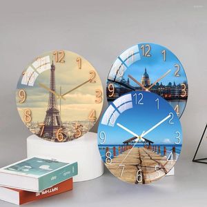 Relógios de parede Tower City cenário de 30 cm de design moderno quartzo redonda relógios silenciosos para sala de estar decoração de casa horloge sala de aula