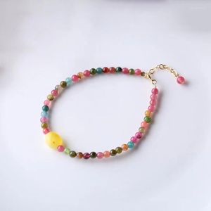 Strand Colorful Tourmaline Natural Stone Armband Runda pärlor med gul kristall charm för kvinnors modesmycken