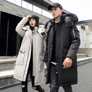 Piumino da uomo -30 gradi Coppia invernale Anatra bianca Giacca lunga Mantieni caldo Cappotto addensato Moda uomo Collo di pelliccia con cappuccio Giacca a vento Parka