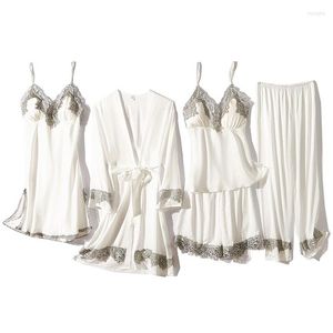 Hemkläder vita sömnkläder kvinnor pyjamas faux silke 5st mantel set spetsbadrob loungewear satin brud bröllop present lämplig för alla