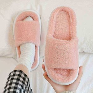 Asifn Faux Fur Slides Cotton Slippers Women Autumn Winter Home Household Antislip Indoor Warm Plush Thicksoles Couple Men J220716