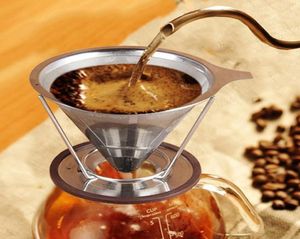 Roestvrijstalen koffiefiltermanden kegelstijl herbruikbare koffie druppel maaszeef giet over koffiezetapparaat met standhouder
