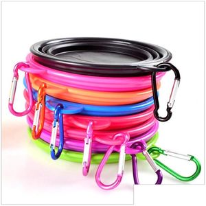 Dog Bowls Feeders 350Ml Folding Bowls Pets Articles Many Colour Silica Gel Dish Belt Mountaineering Buckle Printing Disc Portable Dhqiv