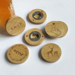 Kan gravera logotypöppnare tomma diy bambu rund flasköppnare coaster kyl kylmagnet dekoration