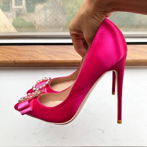 Fuchisia Pink Satin Kristallschnalle Frauen Schuhe Luxusmarke Red Bottom Pointy Toe High Heel Schuhe mit Bogendekor Wedding Brautkleid Stiletto Pumps 8 cm 10 cm 12 cm
