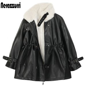 Couro feminino Faux Nerazzurri Gostor quente Casaco de couro Faux Black com pêlo dentro de casacos de inverno com zíper de manga comprida para mulheres moda 221122