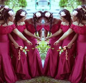 Dark Red Bridesmaid Dresses Off the Shoulder Straps Mermaid Satin Lace Applique Floor Length Beach Wedding Guest Gowns Custom Made Plus Size