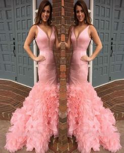 Pink Organza Ruffles Prom Vestidos Sexy Deep V Neck Siren Vagina Ves￡