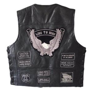 Men's Vests US Leather Men Motorcycle Retro Vest Embroidery Sheepskin Splicing Classic Biker Waistcoat Four Seasons Sleeveless Jacket 221122